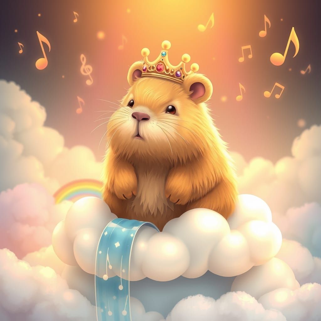 Crowned Capybara on Cloud Throne in Dreamcore Style
