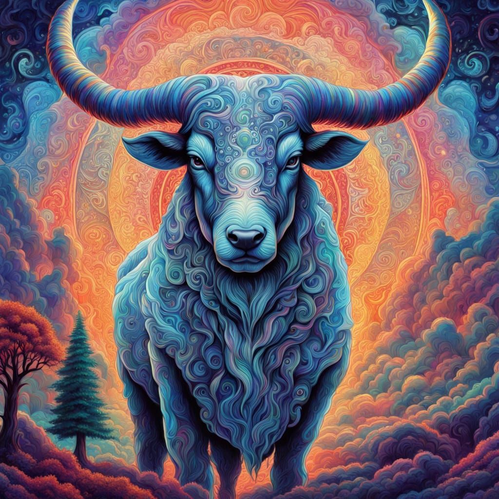 Cosmic Bull in Otherworldly Forest