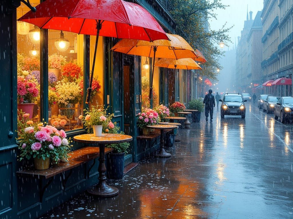 Rainy Day Florist Shop in Expressive Impasto Style