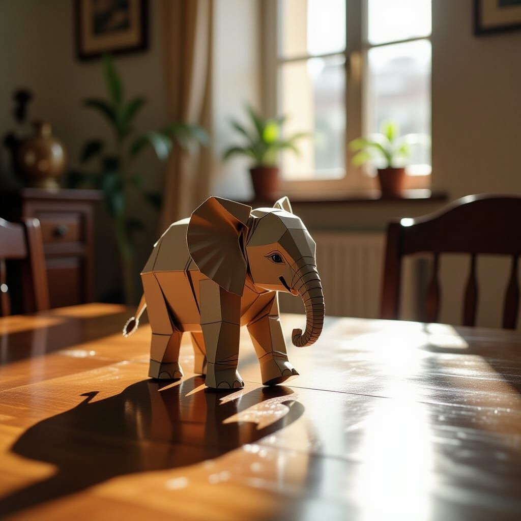Cardboard Elephant on Desk in 35mm Film Style