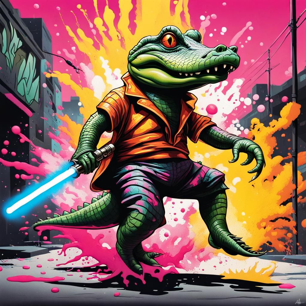 Alligator Escaping Explosion in Graffiti Art Style