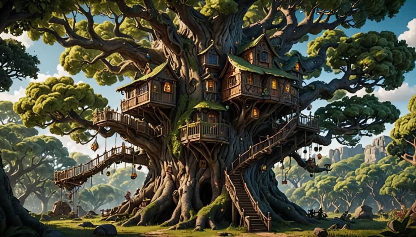 Detailed Treehouse in Oak Tree: Fantasy Concept Art