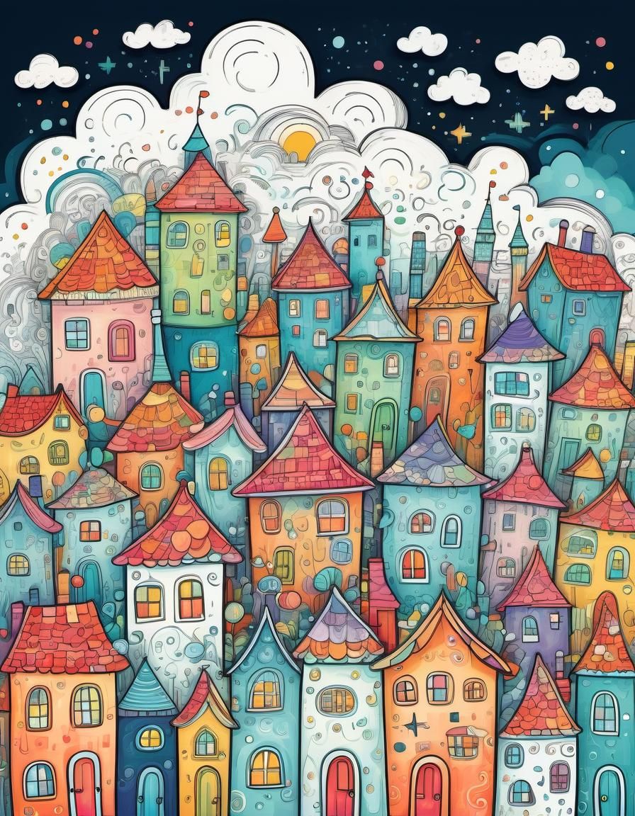 Whimsical Cityscape Doodle in Children's Book Style