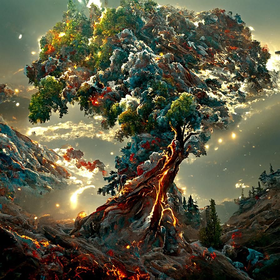 Cosmic Mountain Tree Painting in Hyperrealism