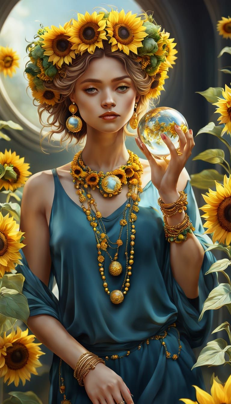 Woman with Sunflowers and Glass Ball in Digital Art