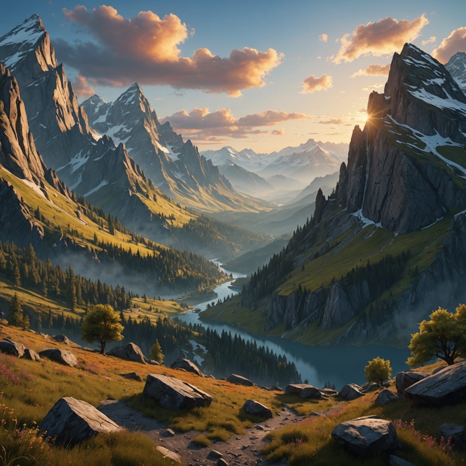 Fantastical Mountain Landscape at Sunrise: Detailed Matte Pa...