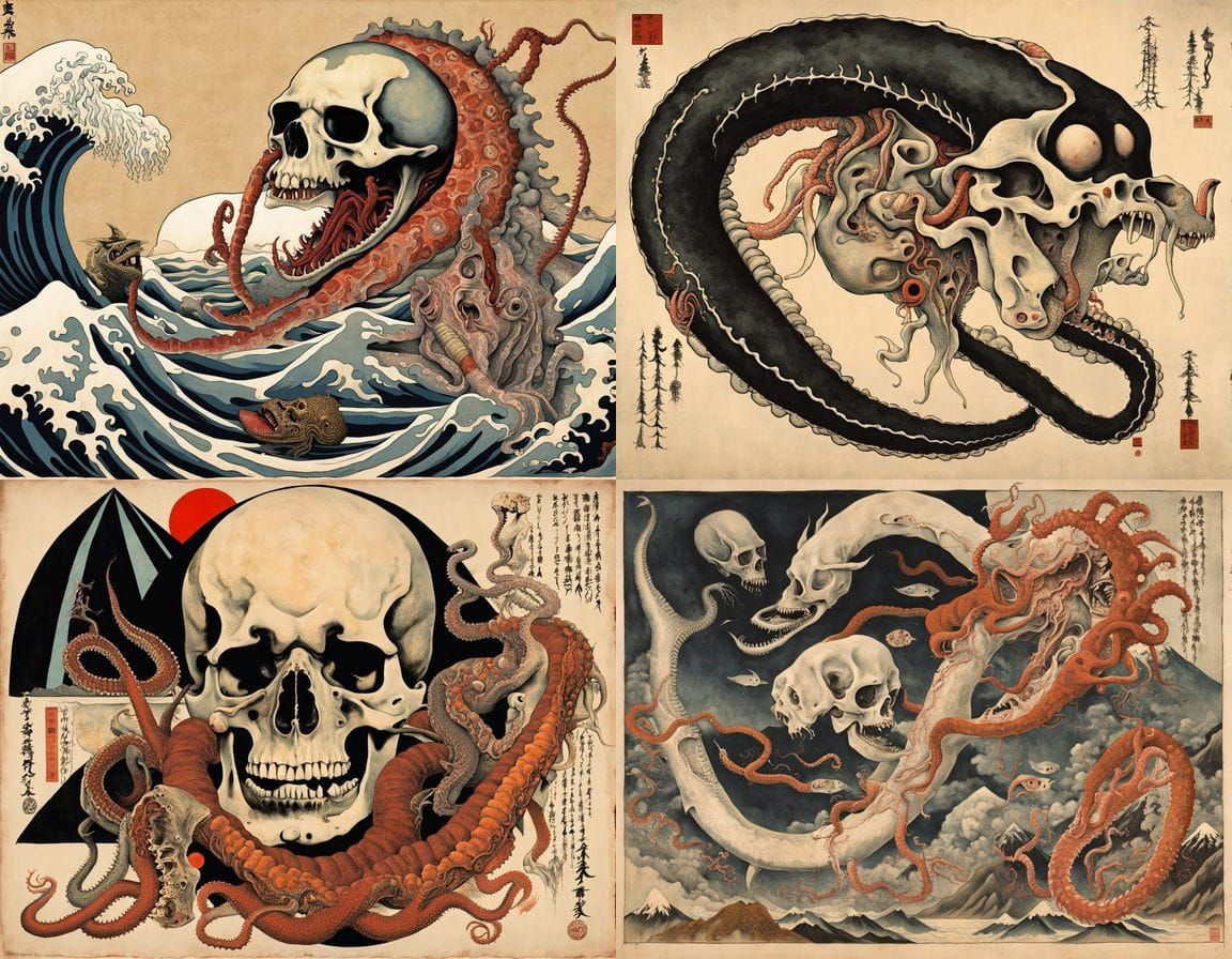 Surreal Japanese Skull and Octopus in Ukiyo-e Style