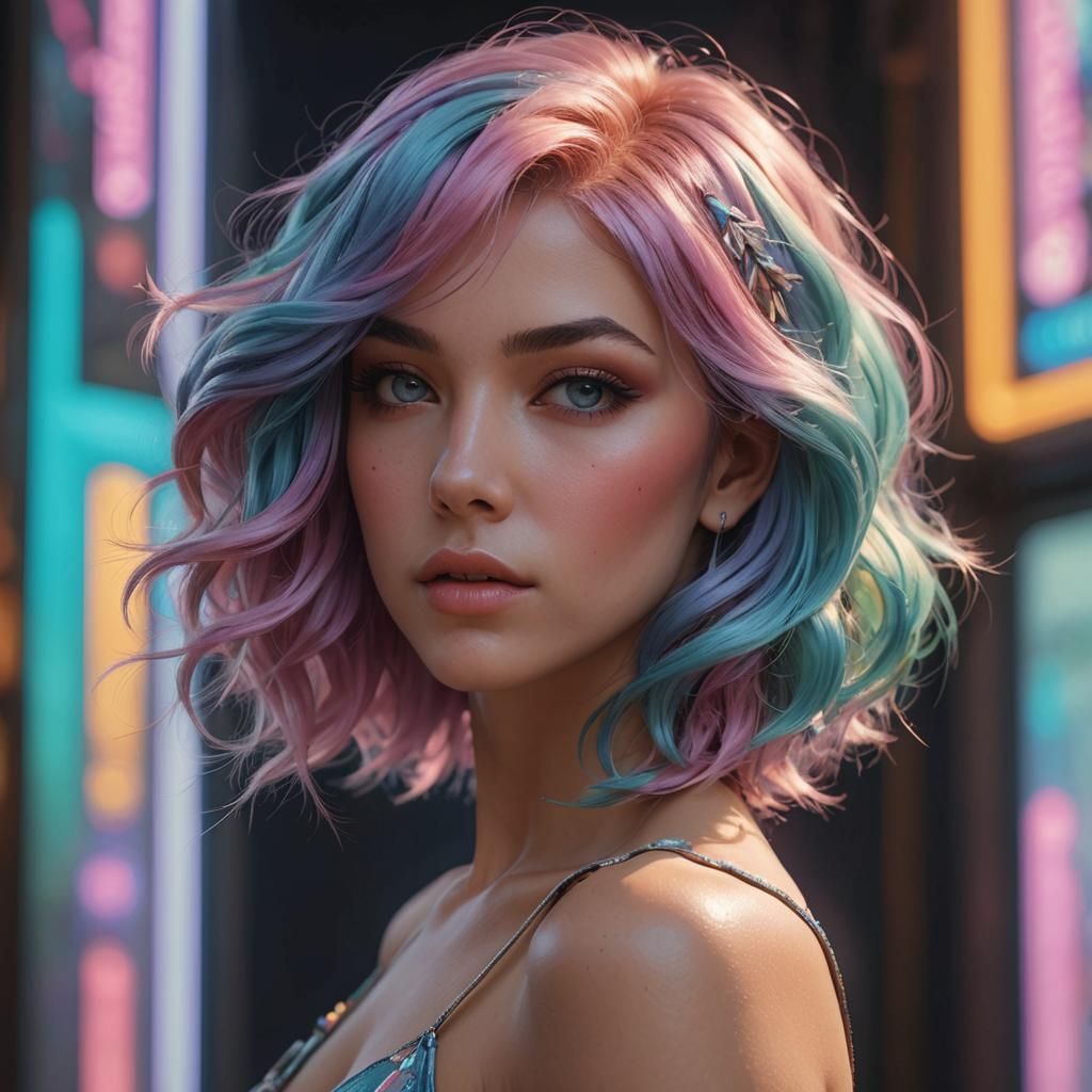 Vibrant Pastel Hair Portrait in Hyperdetailed Cyberpunk Styl...