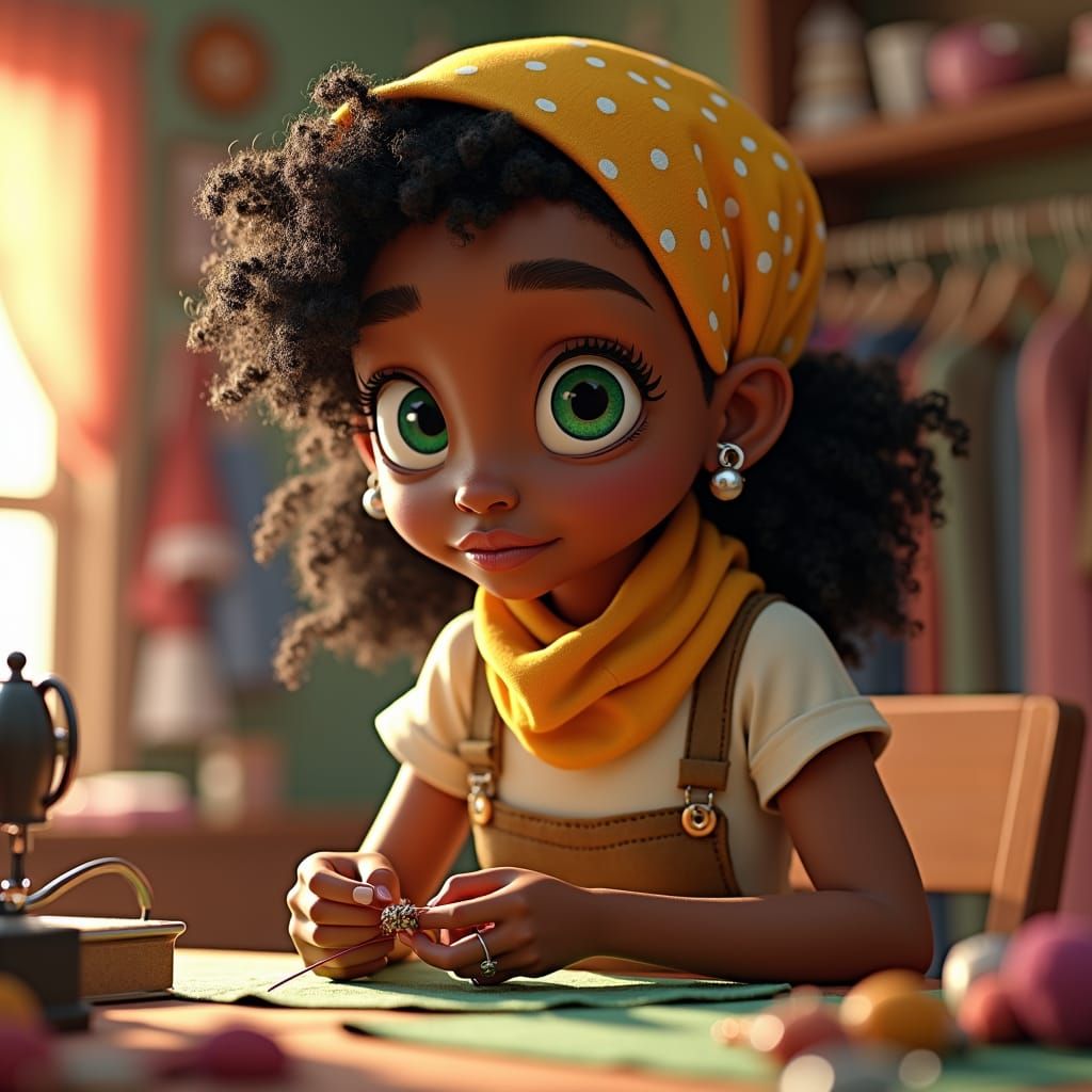 Pixar-Inspired Fashion Shop Scene with Woman Threading Needl...