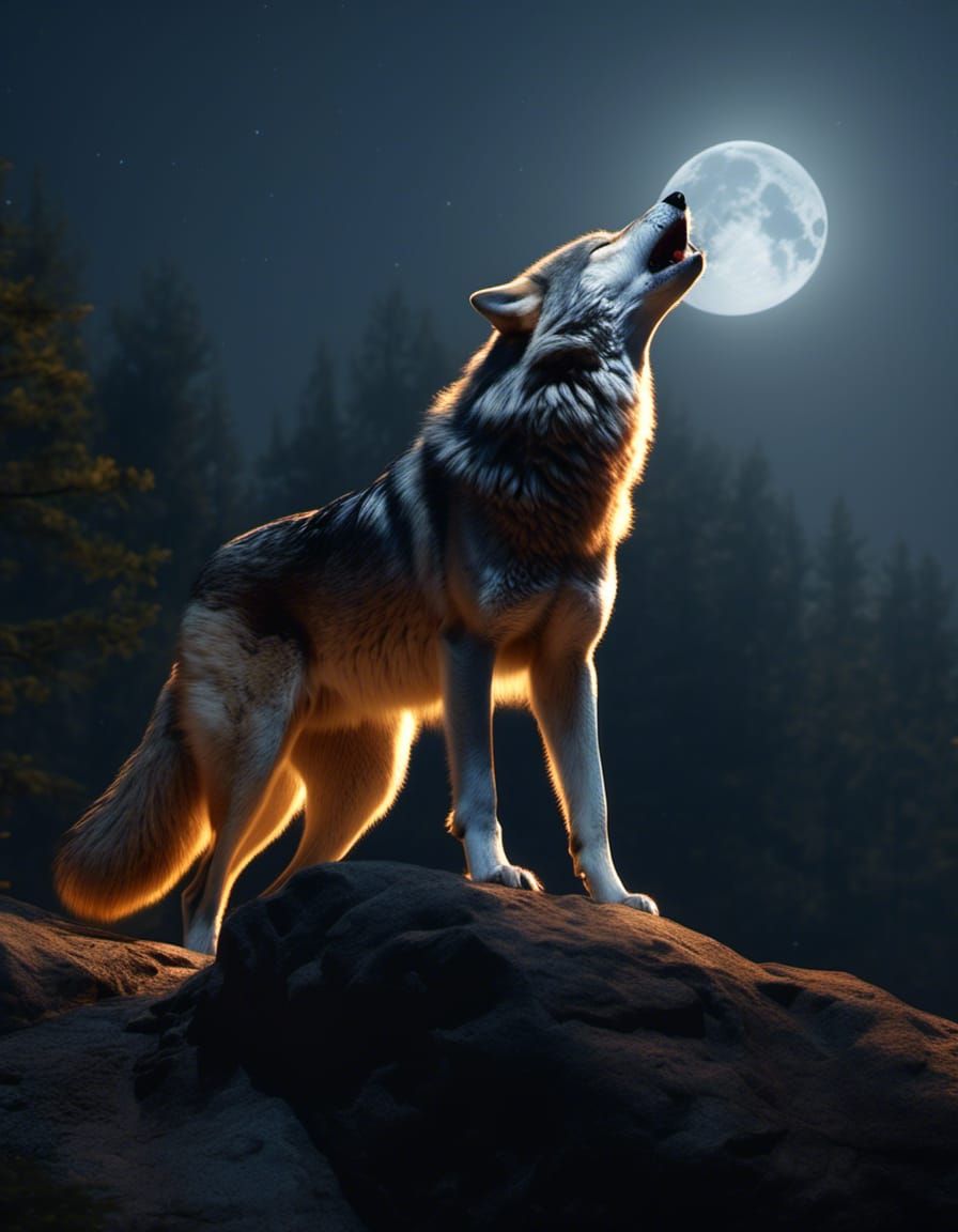 Alone grey wolf sings the song of his people to a beautiful ...
