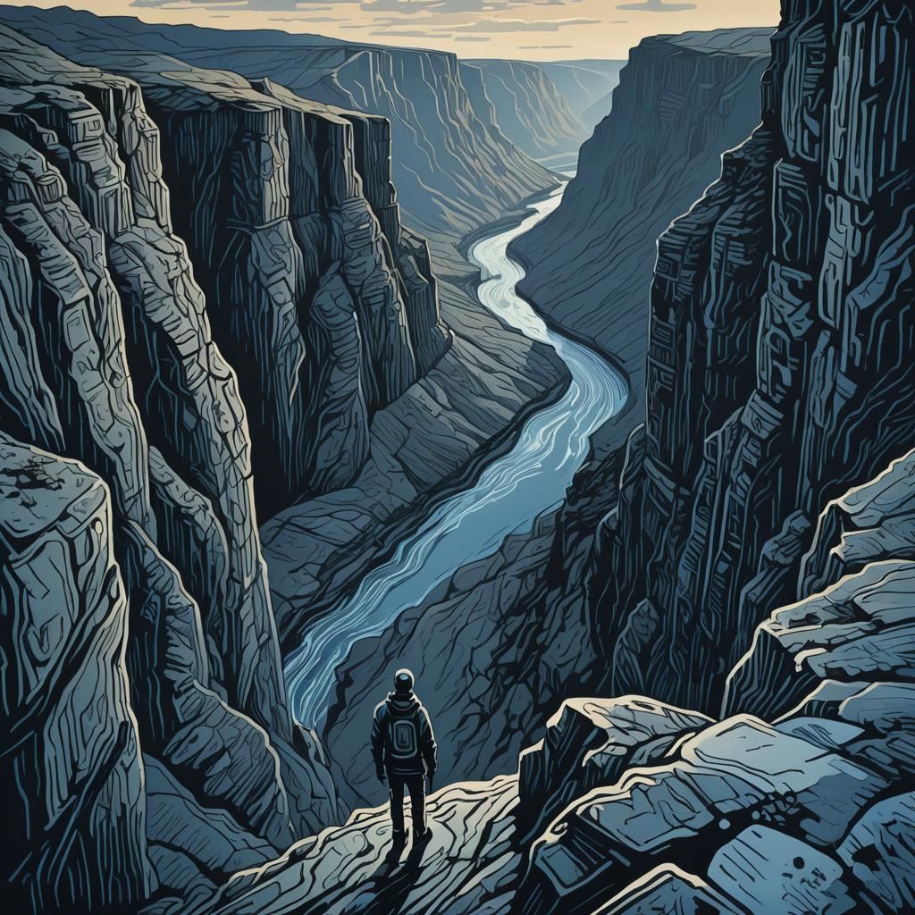 Figure Overlooking Mountain River: Linocut Illustration