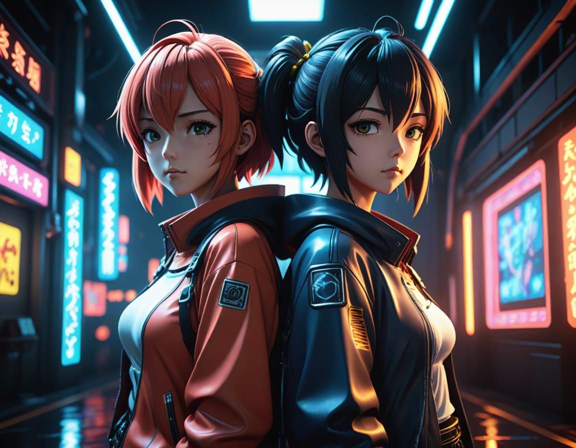Epic Anime Duo in Neon-Lit Futuristic Landscape