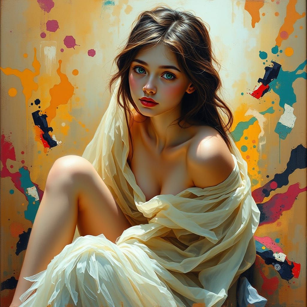 A Young Woman Lost in Thought Amidst Whirling Colors