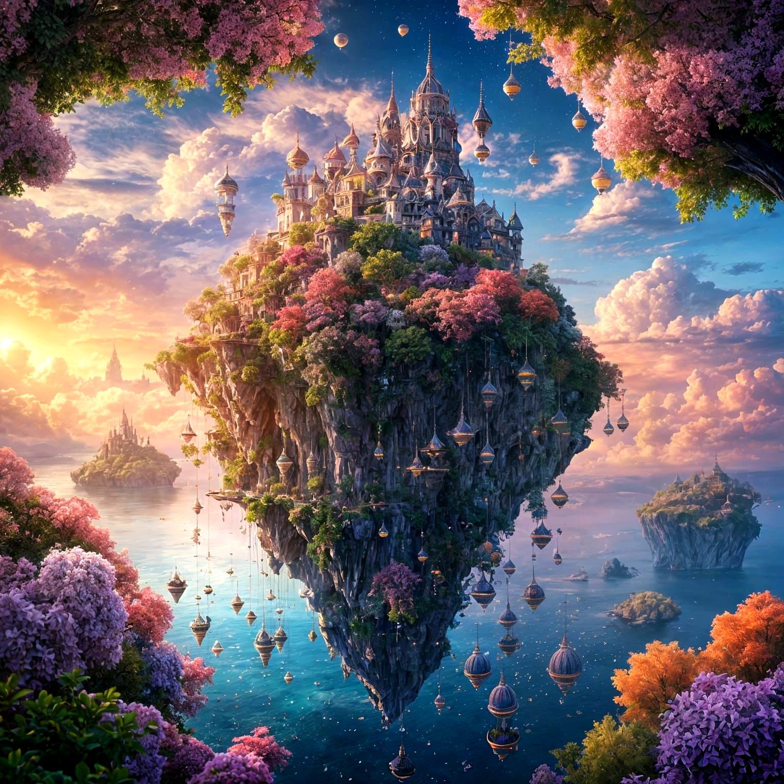 Futuristic Celestial City Floating in Twilight Sky