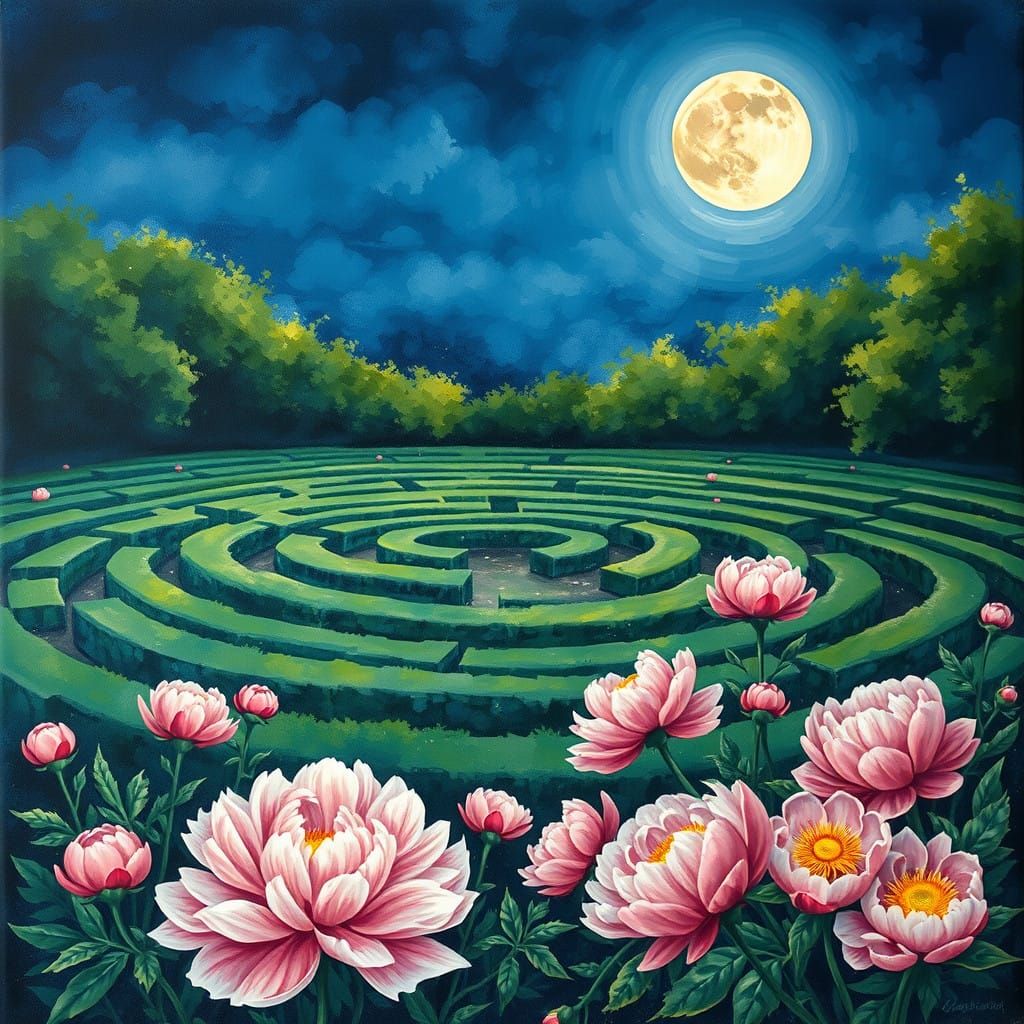 Ethereal Garden Labyrinth Unfolds under Full Moonlight