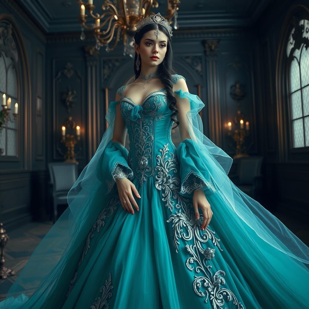 Elvira in Turquoise Victorian Gown, Digital Art