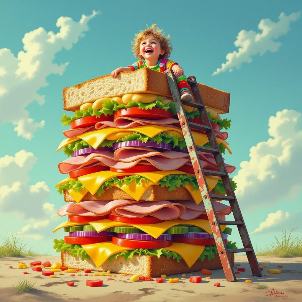 Child Eats Giant Sandwich in Whimsical Style