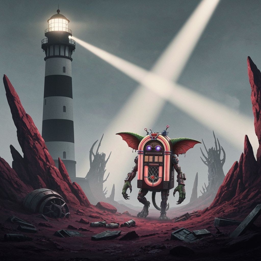 Alien Lighthouse Gremlin in Grayscale and Orange