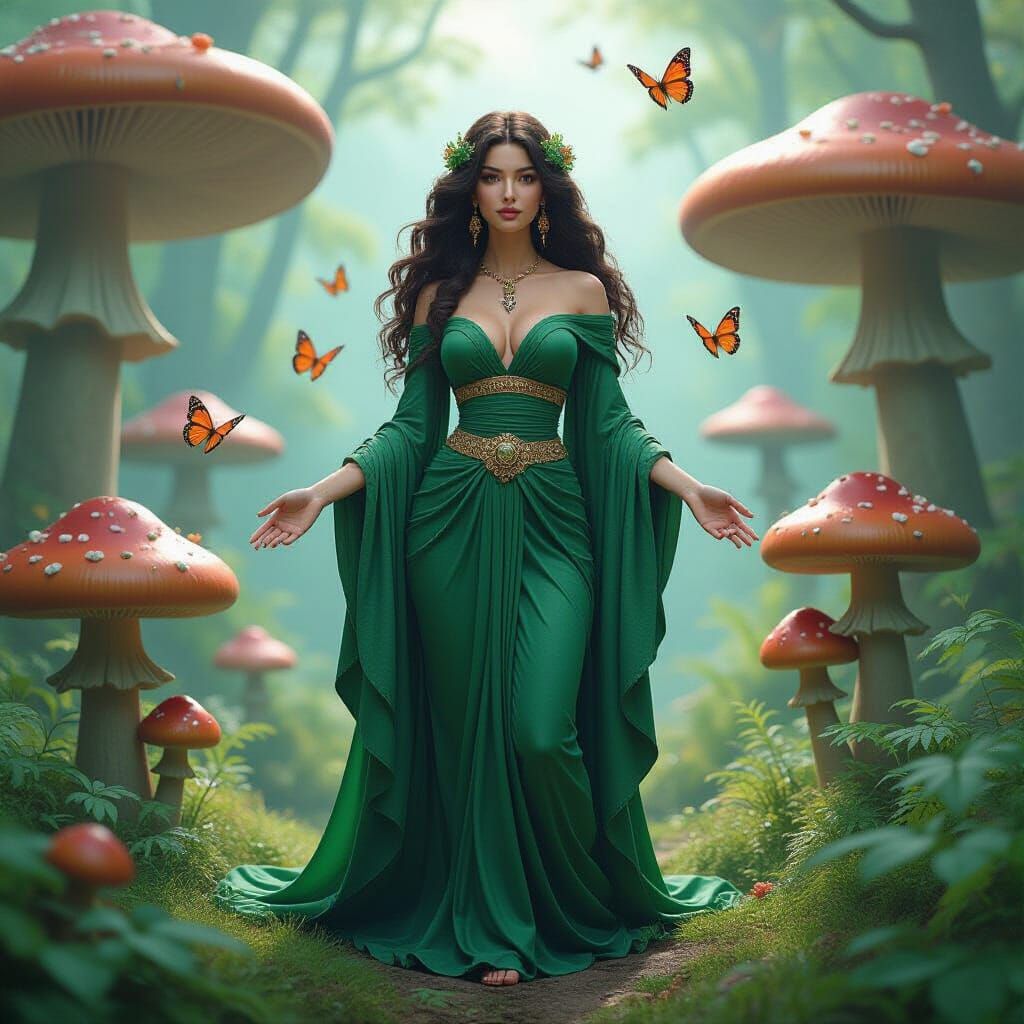Goddess in Verdant Forest with Botanical Details