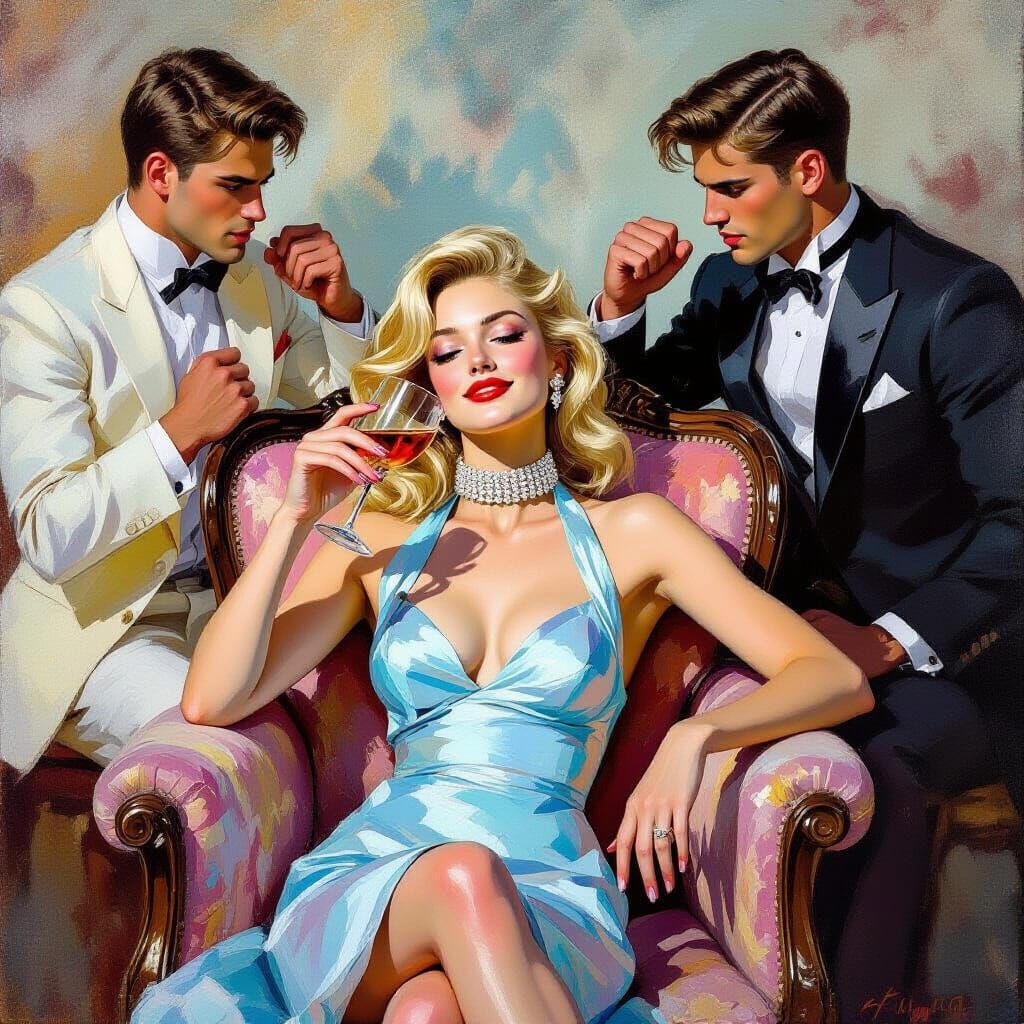 Elegant Woman in Salon with Rival Suitors