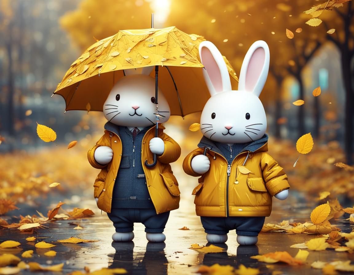Rabbit with Umbrella in Golden Autumn Rain