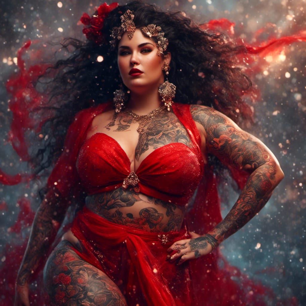 Curvy Tattooed Woman in Red Bikini: Hyperreal Style