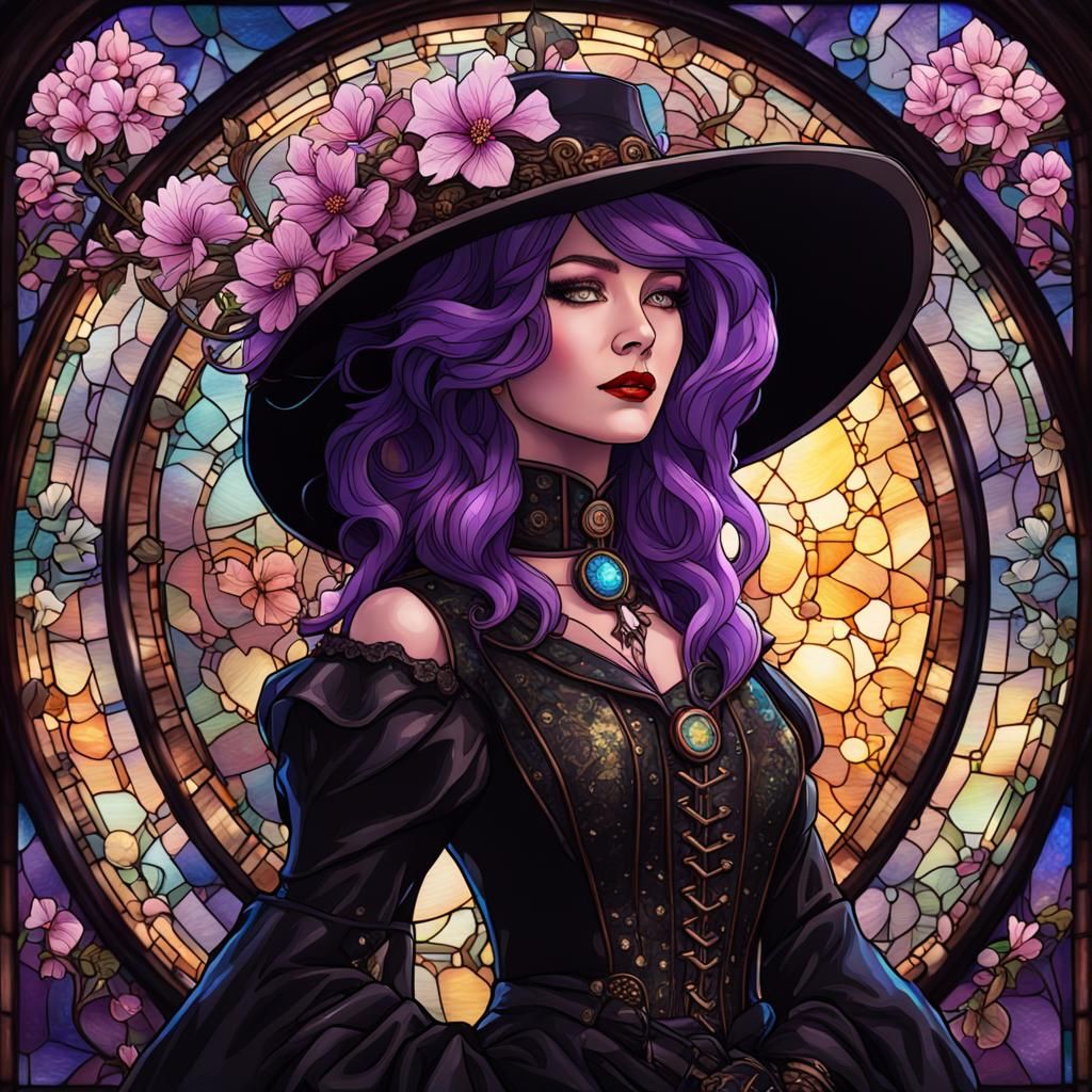 Steampunk Woman in Stained Glass, Cosmic Illustration