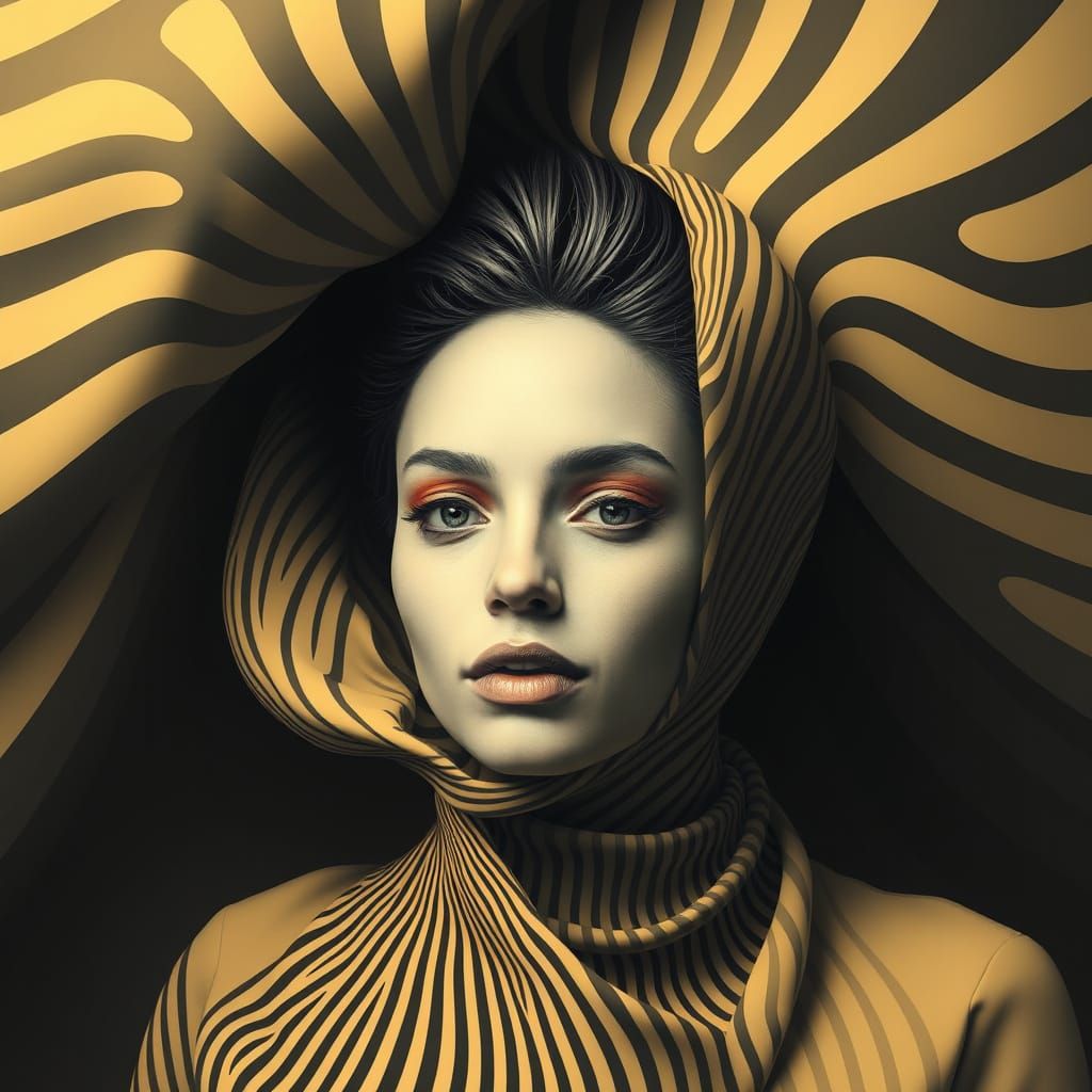 Sleek Figure Emerges from Whirling Stripes in 3D Optical Ill...