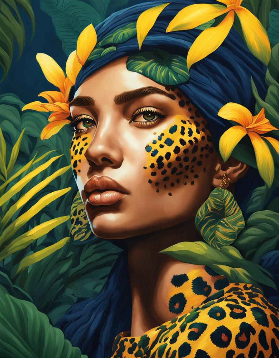 Jungle Girl in Leopard Print, Hyperrealistic Art