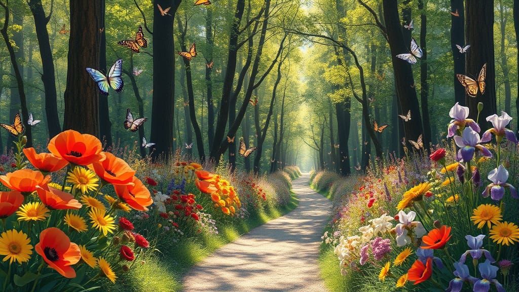 Whimsical Forest Scene with Vibrant Blooms and Butterflies