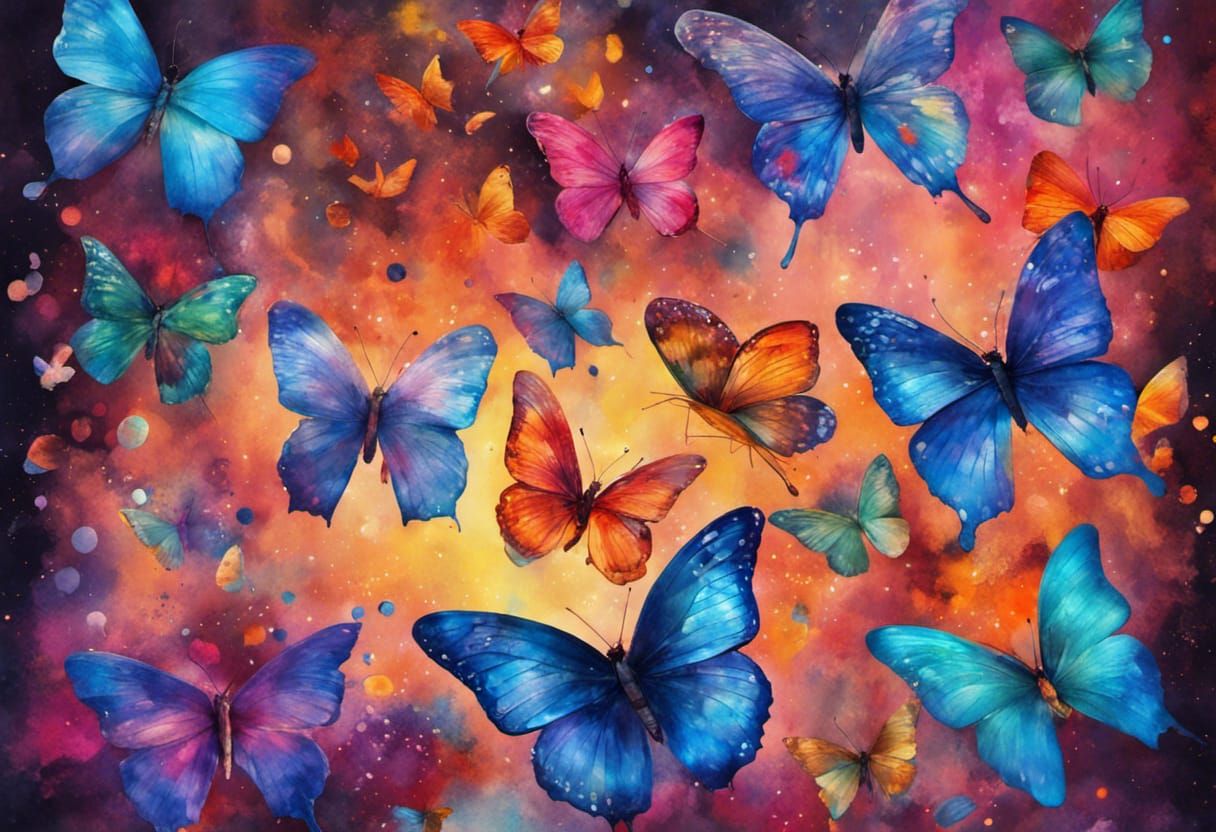 Hyperrealistic Watercolor Butterflies in Cosmic Scene