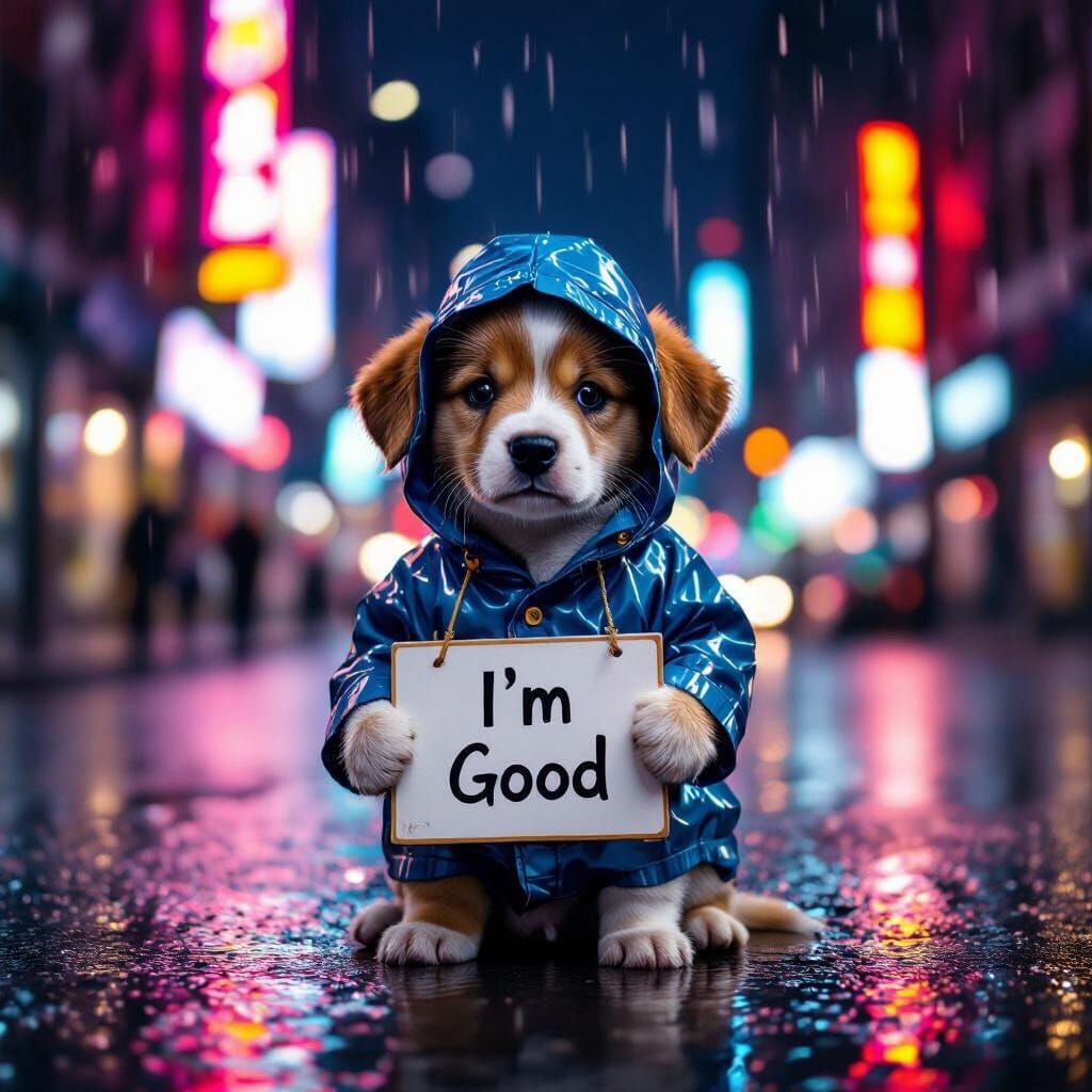 Puppy in Raincoat with Sign in Neon City