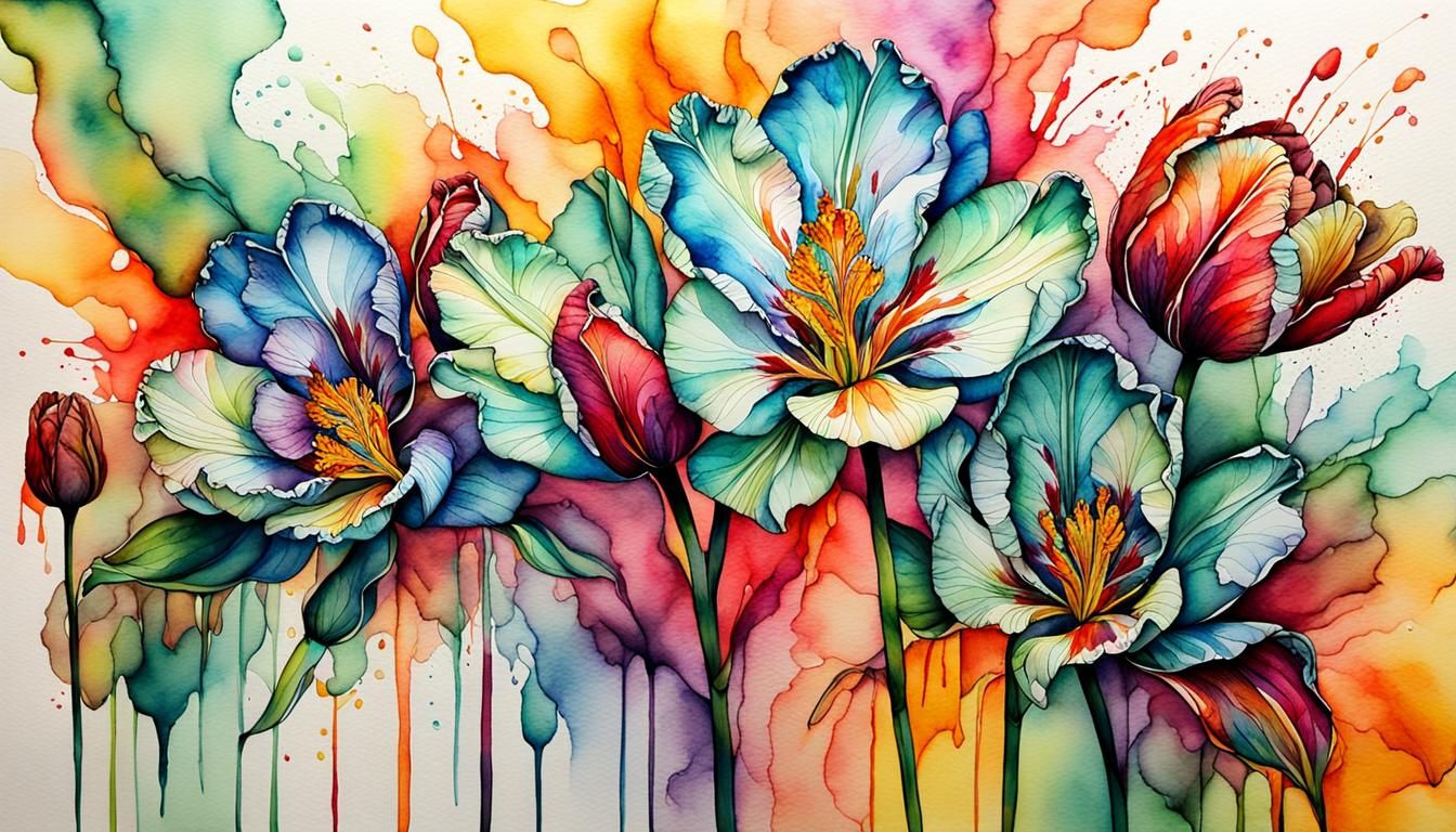 Parrot Tulips with Alcohol Ink in Surrealist Style