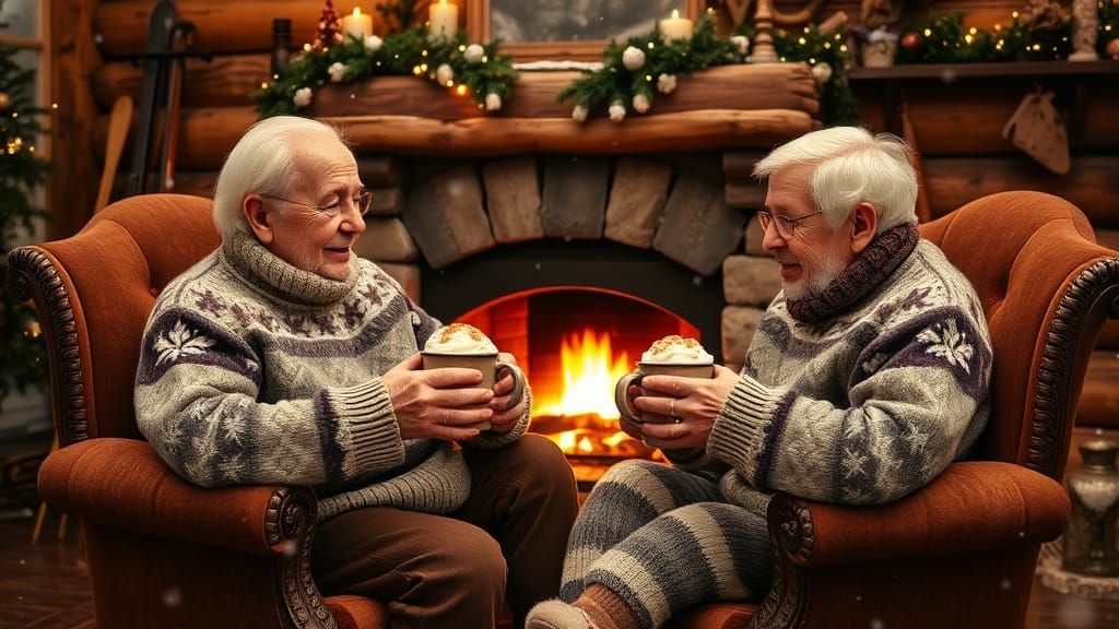 Cozy Winter Scene: Elderly Couple by Fireplace