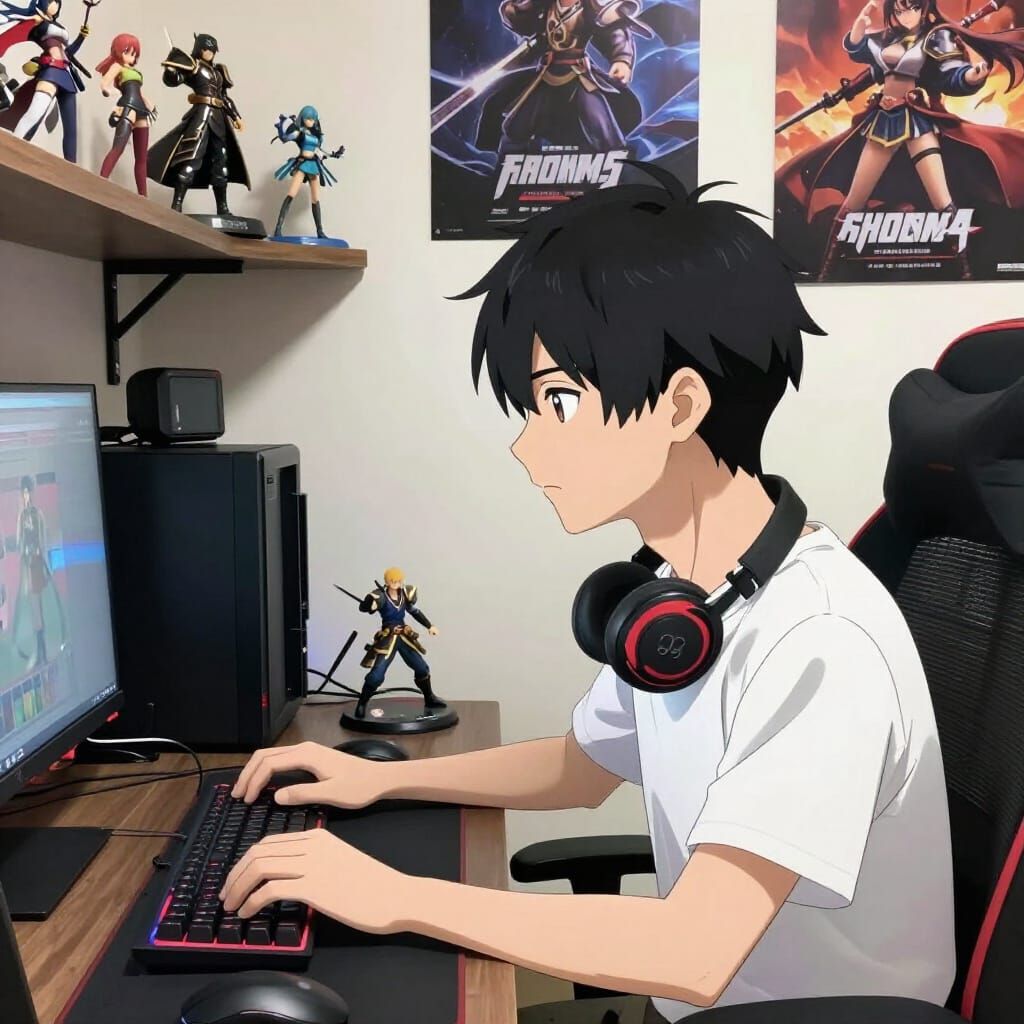 Anime Gamer in Room with Warrior Figurines