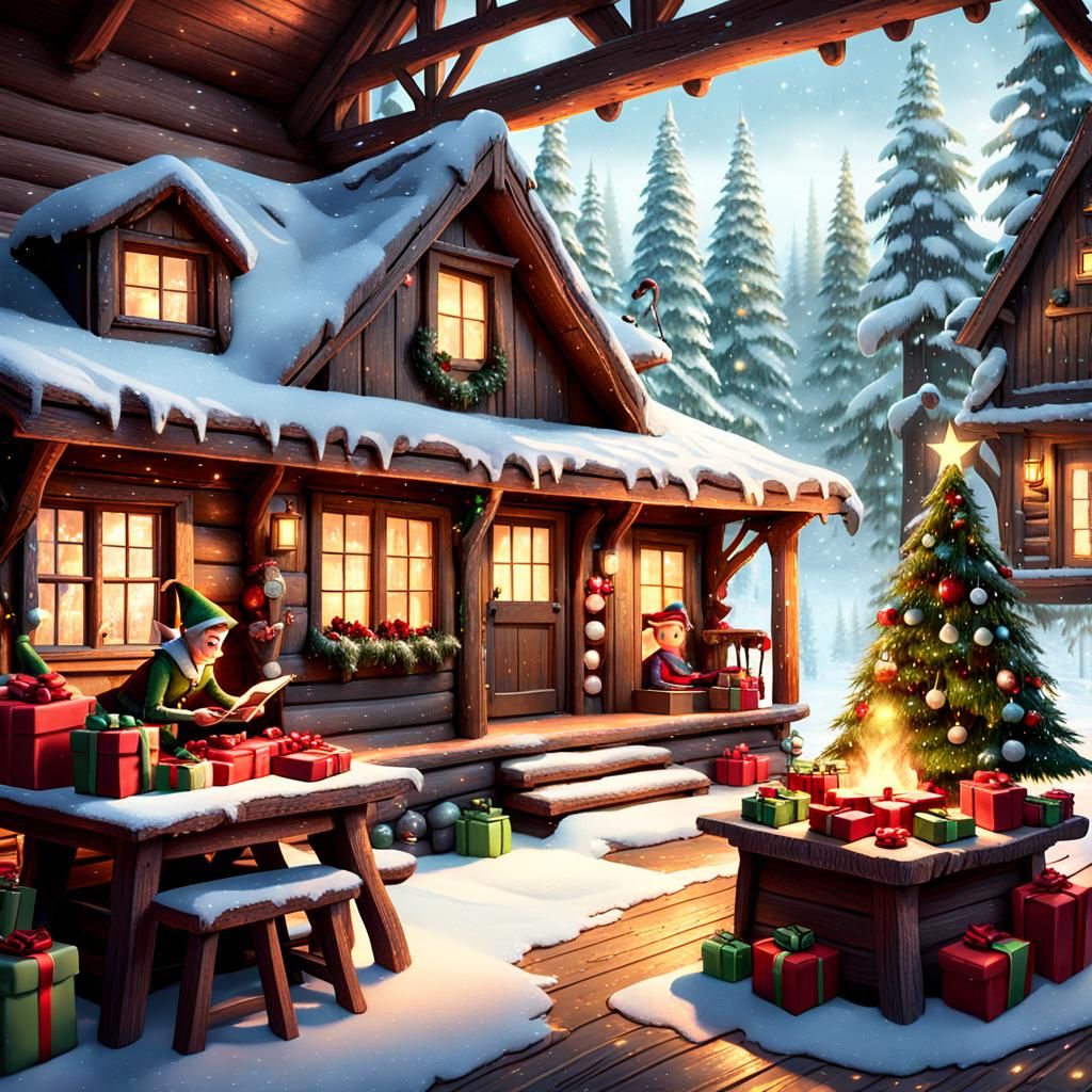 Festive Elves Prepare Holiday Gifts in Cozy Cabin