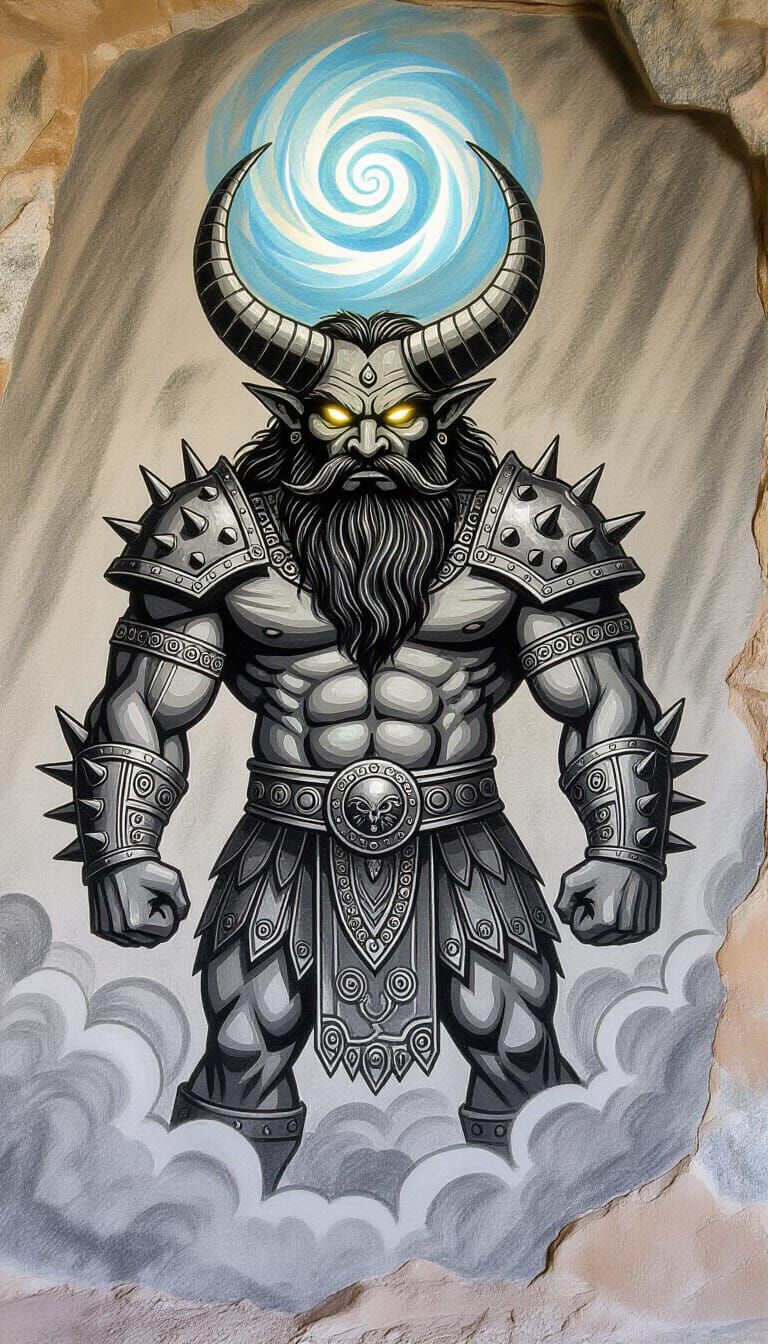 Ancient Cave Art: Horned Deity with Glowing Eyes and Celesti...