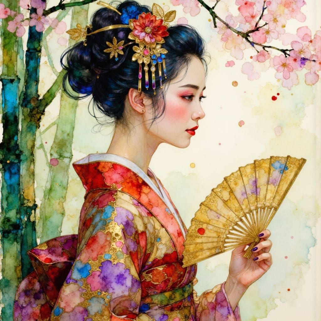 Serene Geisha in Ukiyo-e Style with Bamboo Garden