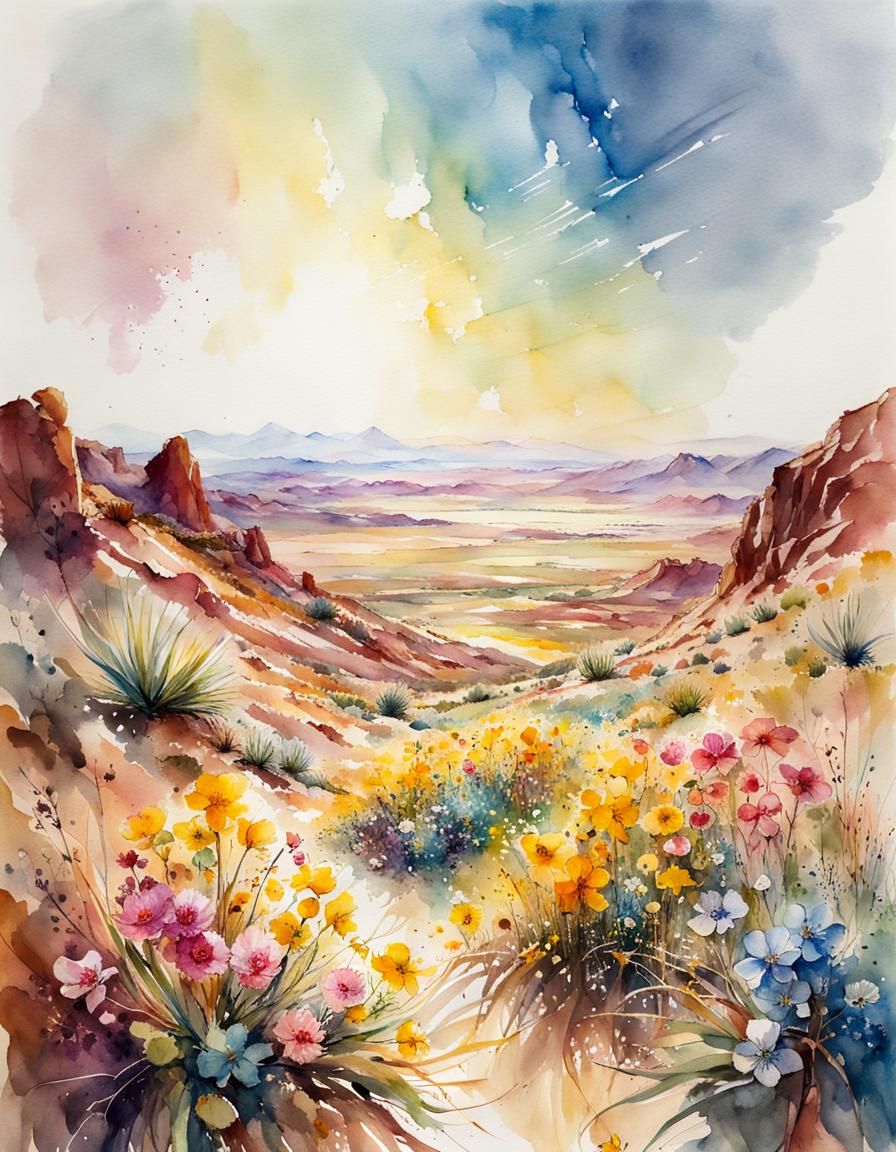 Desert Flowers in Watercolor Spring Landscape