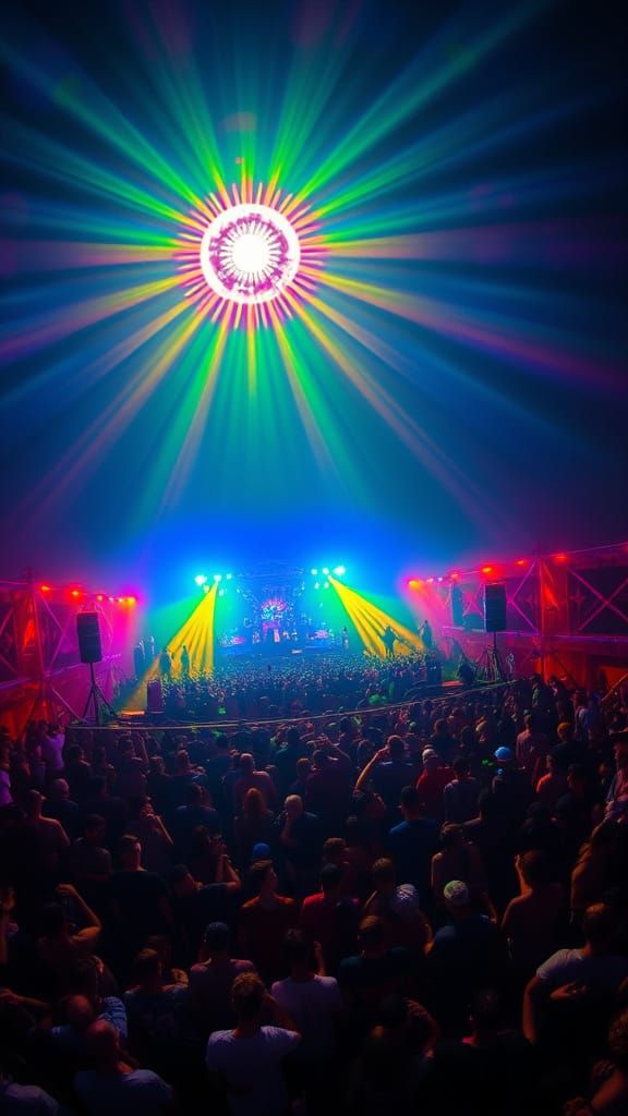 Vivid Outdoor Rave with Kaleidoscope Colors