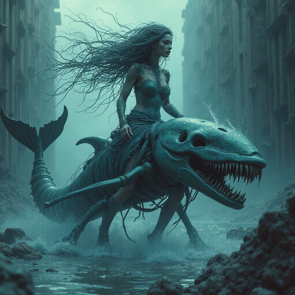 Post-Apocalyptic Mermaid Siren in a Flooded City