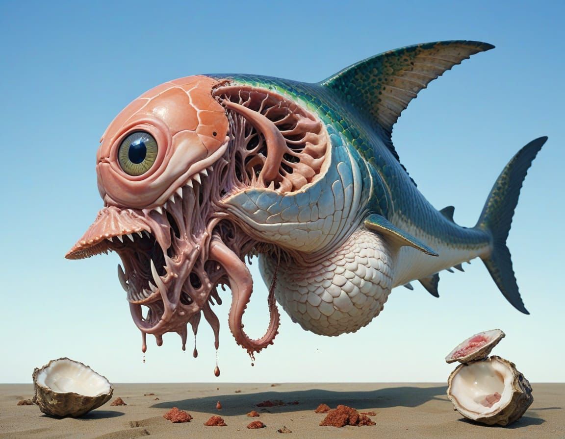 Surreal Japanese Mutant Sea Creature in Minimalist Compositi...