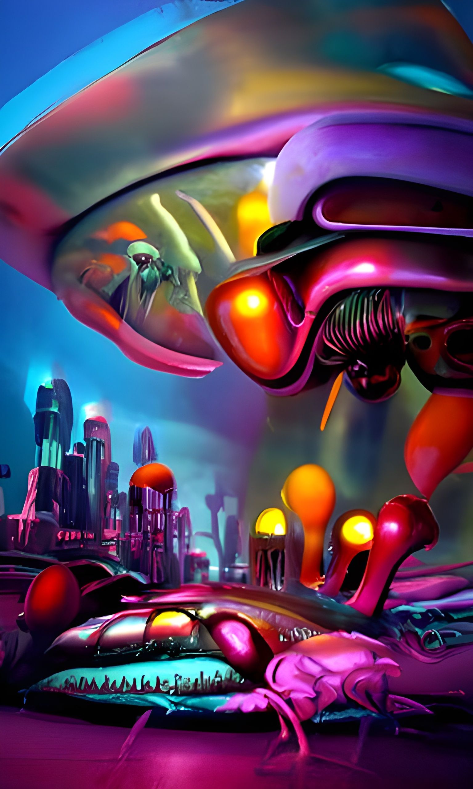 Crabs Invade Alien Hive Mind in Neon Cyberpunk Style