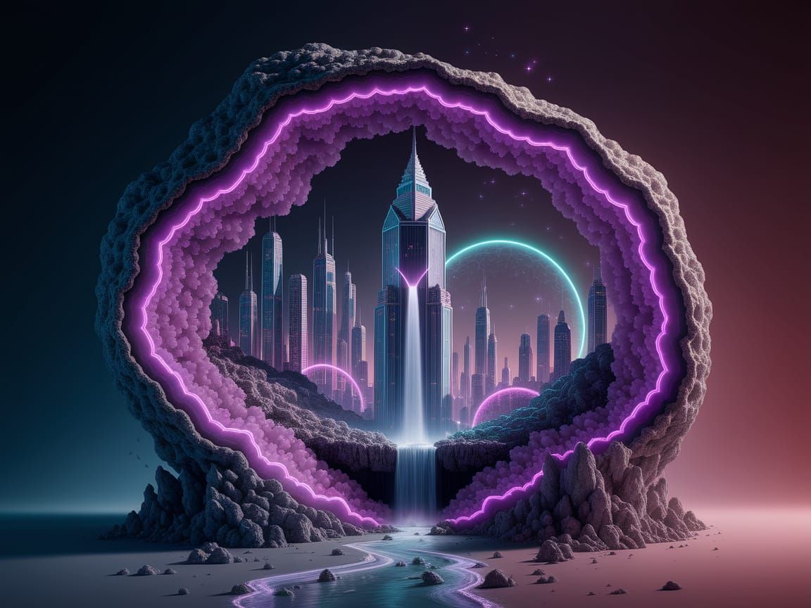 Futuristic City Waterfall in Crystal Geode