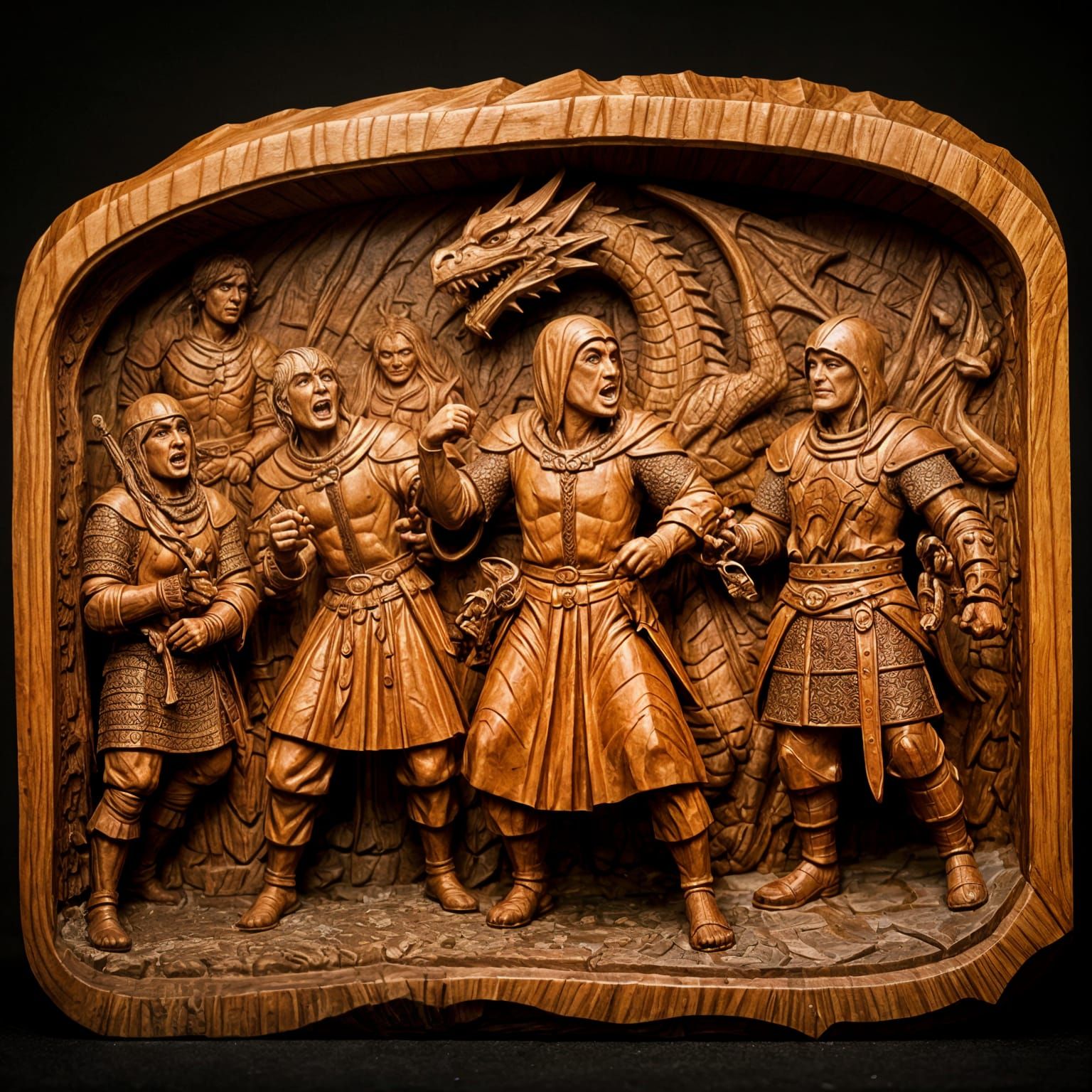 Hyperrealistic Woodcarving of Crusaders Fighting Dragon