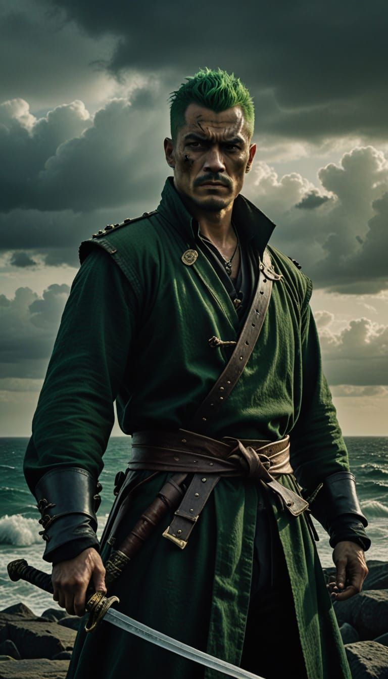 Dramatic Pirate Swordsman in Epic 35mm Film Still