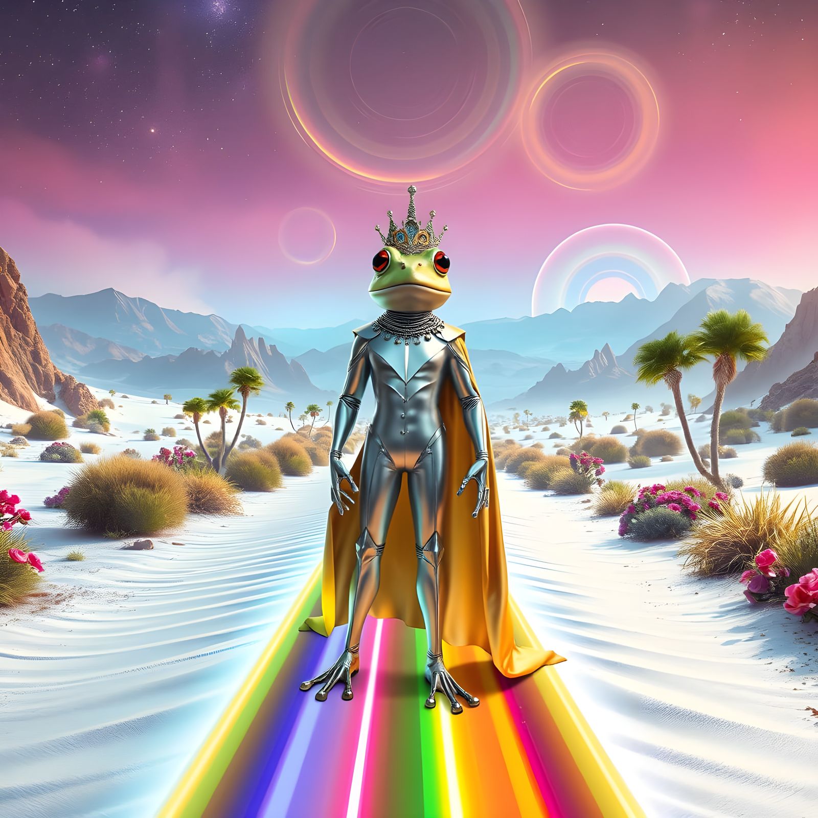 Futuristic Frog Queen Reigns Over Ancient Desert Utopia