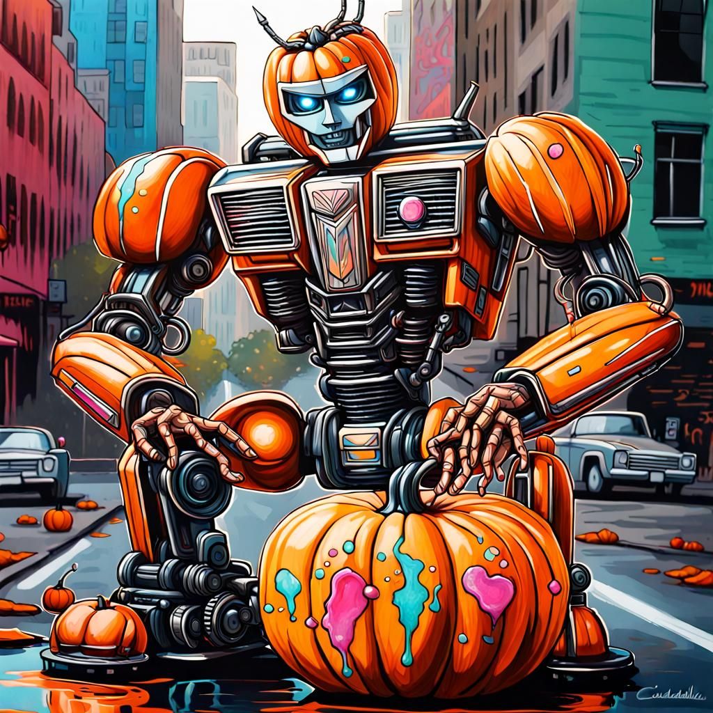Robot Pumpkin Transformer Graffiti Art in Cadillac