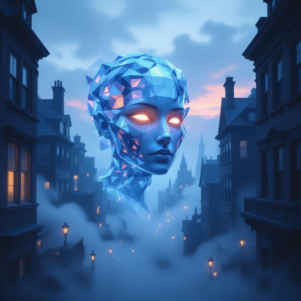 Ethereal AI Entity in Misty Cityscape