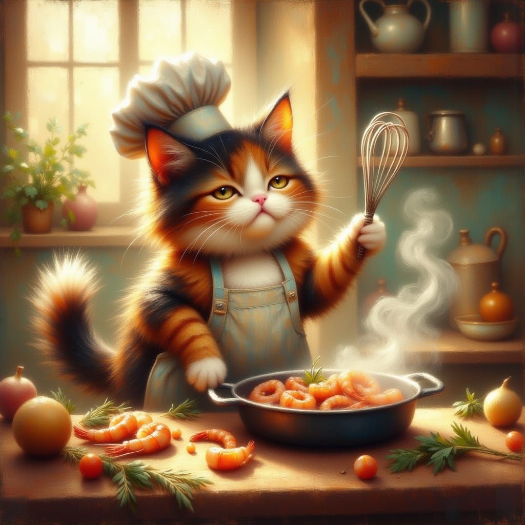 Chef Cat Prepares Shrimp Scampi in Rustic Kitchen